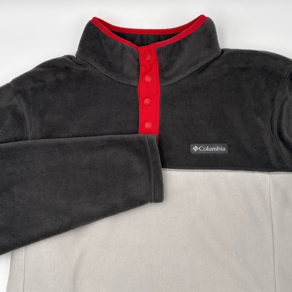 Columbia Steens Mountain Men L Fleece Pullover Half Snap Gray Red Mock Neck 1861
